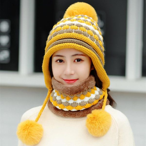 

2020 winter two-piece velvet hats women 3 hair ball knit bib warm beanies hat female windproof wool bonnet riding caps sets, Blue;gray