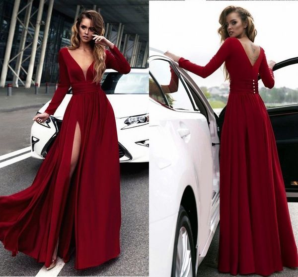 

red long sleeve special occasion dresses evening dress deep v-neck side split prom dresses long party dress plus size evening gowns, Black;red