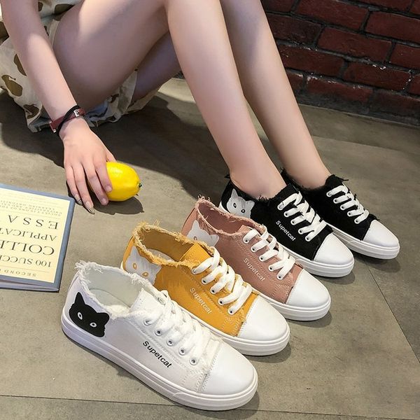

2019 new style shoe women's tennis red canvas shoes student korean-style versatile flat shoes white, Black
