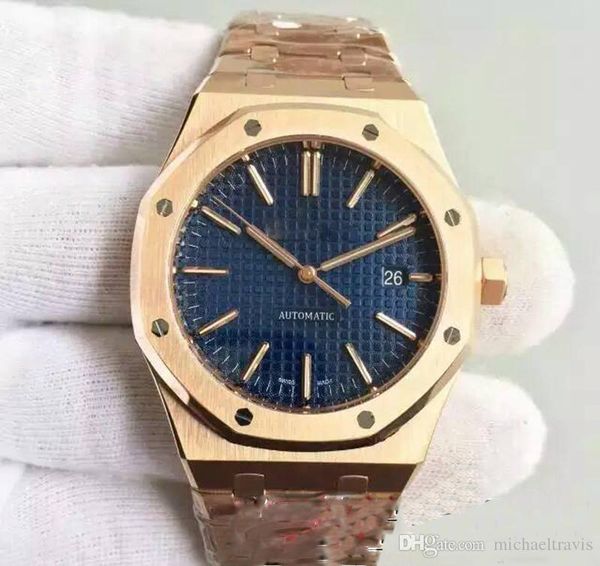 

watch men 18k rose gold royal oak automatic movement blue face mens watches 154 -00 stainless steel original clasp ing, Slivery;brown