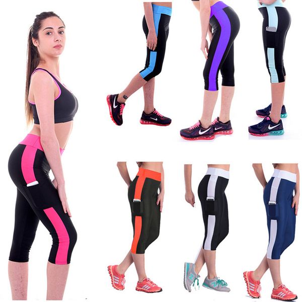 

women striped night running tights 3/4 length sports capri pants with pocket high waist fitness clothing kg-401, Black;blue