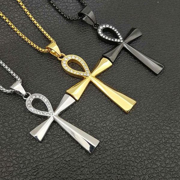 Herren ausgefroren Hip Hop Halsketten Ägyptisch Ankh Kruzifix Anhänger Halskette Edelstahl Symbol des Lebens Kreuz Schmuck Geschenke für Frauen