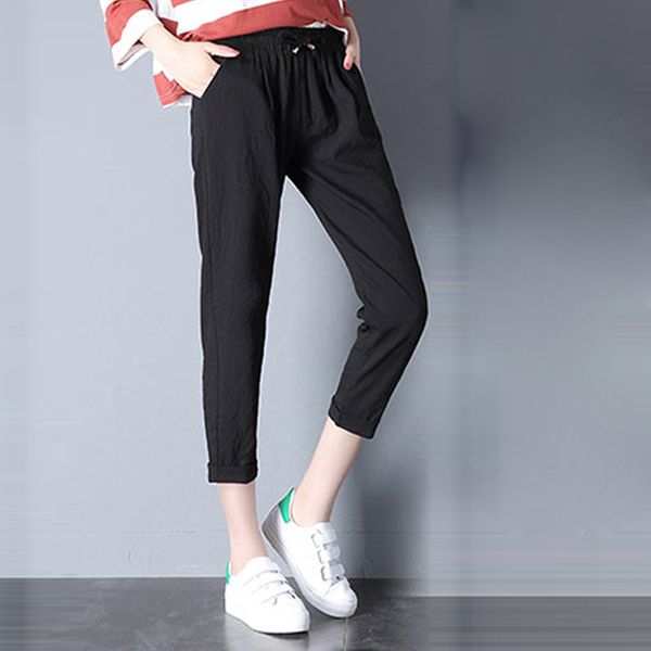 

new women casual harajuku spring autumn big size long trousers solid elastic waist cropped trousers bottoms sports wear pants5.6, Black;white