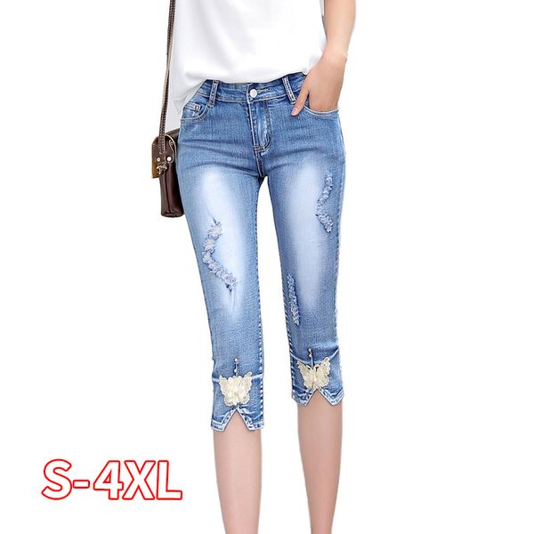 

summer skinny denim capris women fashion mid waist casual ripped hole calf-length denim pant ladies pencil jeans mujer 2020, Blue