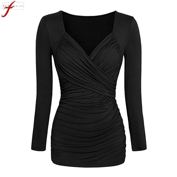 

5xl blouse 4xl plus size women clothing women long sleeve v neck pure color pleated slim ladies streetwear, White