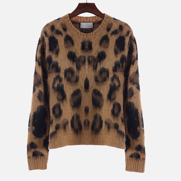 

2019 women winter knitted sweaters leopard print long sleeve pullovers knit female o neck casual sweaters jumpers, White;black