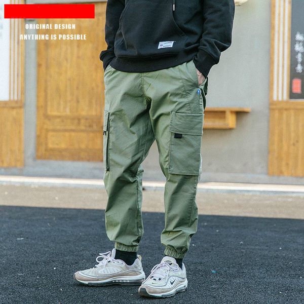 

hong kong style cargo pants tide brand pocket stitching all match casual pants men and women couples, Black