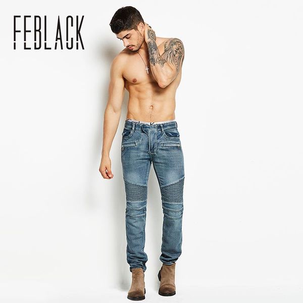 

feblack motorcycle style fashion full length solid skinny jeans men brand designer clothing denim pants luxury casual trous, Blue