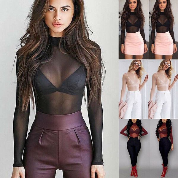 

women's t-shirt women mesh fish net slim bodysuit leotard long sleeve playsuit jumpsuit, White