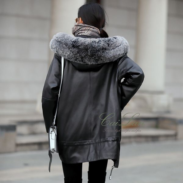 

genuine duck down winter coat fur collar sheepskin real leather jacket for women clothes 2020 yy989, Black