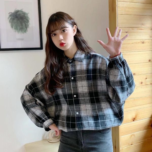 

female autumn lapel blouses women long sleeve college style blouses fashion plaid shirts, White