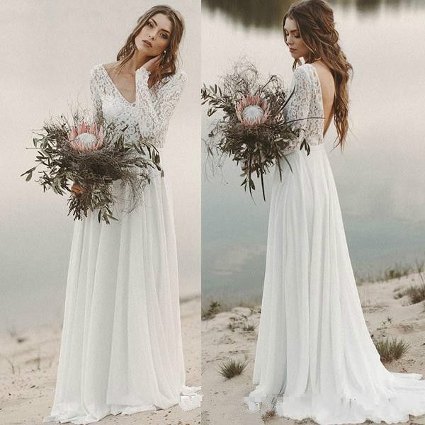 

пляж страна сторона свадебные платья 2020 a-line шифон кружева топ v-образным вырезом с длинными рукавами спинки драпированные свадебное пла, White