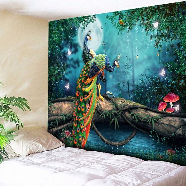 

large forest tapestry moonlight wall hanging peacock oil painting bohemian mushroom rock polyester blanket