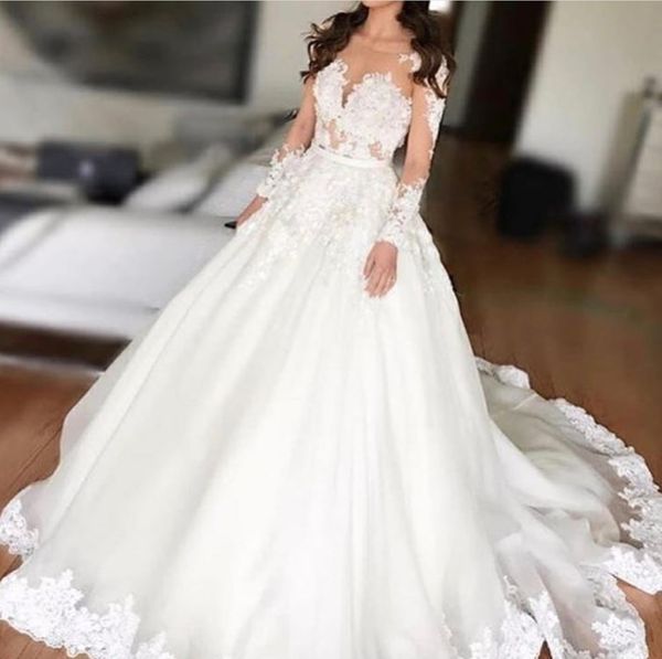 

vintage women' long sleeve lace wedding dresses floor length ball gown lace up muslim tulle bridal gowns custom made, White