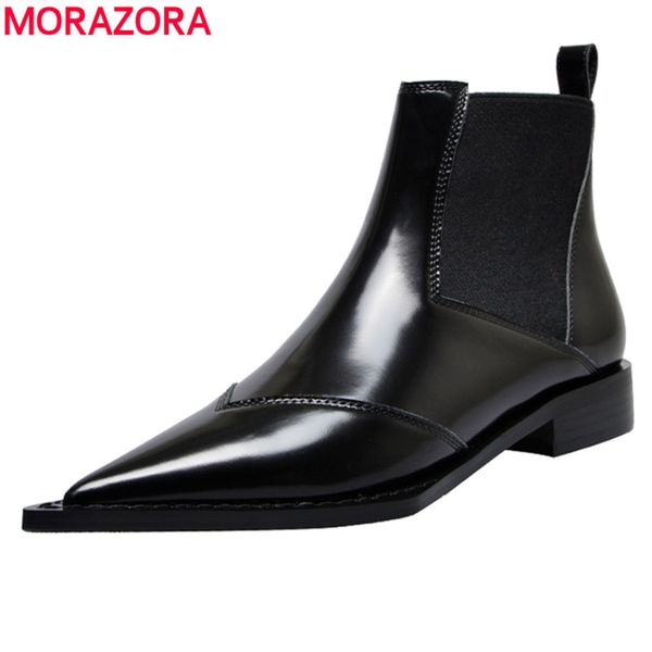 

morazora genuine leather boots women pointed toe solid black color spring autumn boots ladies shoes ankle