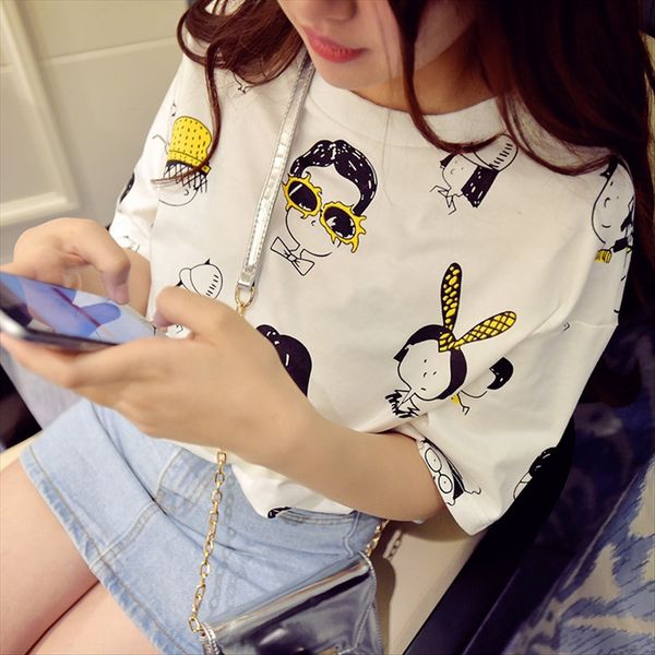 

funny cartoon cotton base student casual short sleeve t- female funny cartoon cotton base shirt student casual short sleeve t-shirt female, White