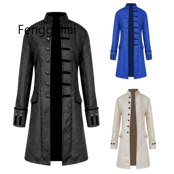 

men's trench coats autumn winter explosive jacquard fabric jacket windbreaker long steampunk retro stand collar for men, Tan;black