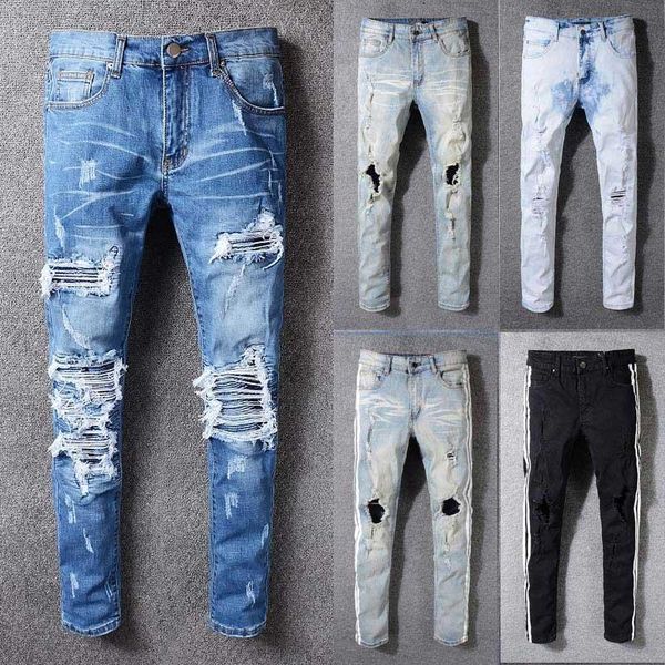 

fashion-2018 new famous brand designer jeans men cotton men ripped jeans fashion street biker jean man plus size, Blue