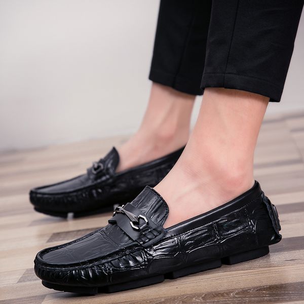 

british crocodile pattern peas shoes men's leather spring and autumn casual shoes men's trend work lazy, Black