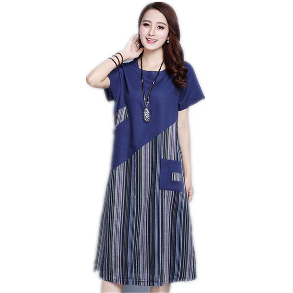 

women dress summer ladies cotton linen stripe patchwork midi dress short sleeve o neck vintage mid -calf vestido pocket, Black;gray