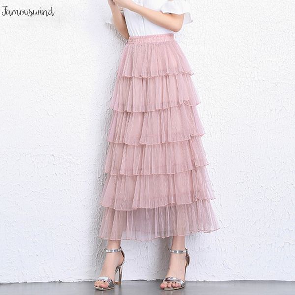 

tulle lace skirt 2019 korean fashion high waist elegant long maxi skirt pink black female mesh tiered skirt girl