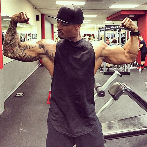 

men' tank panelled stitching mesh men' fitness vest solid color cotton bodybuilding waist long loose sleeveless t wholesale, White;black