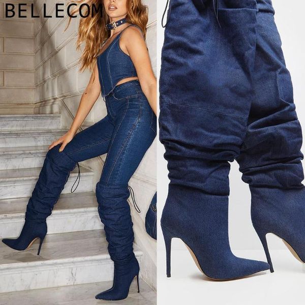 

bellecomand 2019 fine with high-heeled shoes fold boots cowboy cloth high boots will code women's shoes botas mujer, Black