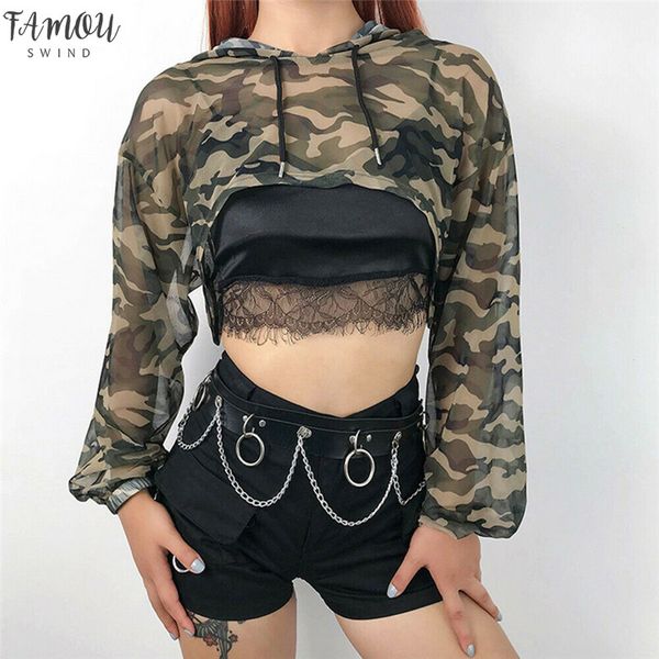 

summer women fashion camouflage print blouse perspective see through crop bathing sunscreen applique beach casual style hooded coat, White