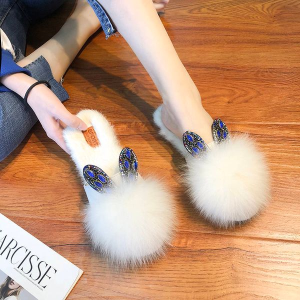 

fashion fur slippers women shoes 2020 spring home flat crystal slides shoes woman outdoor half slippers mules ladies new, Black