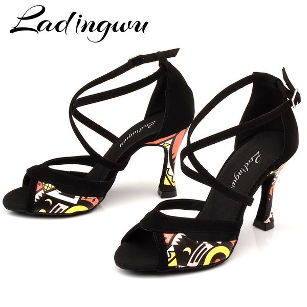 

ladingwu latin dance shoes for women black flannel and orange african print salsa dance shoes women's ballroom sandals