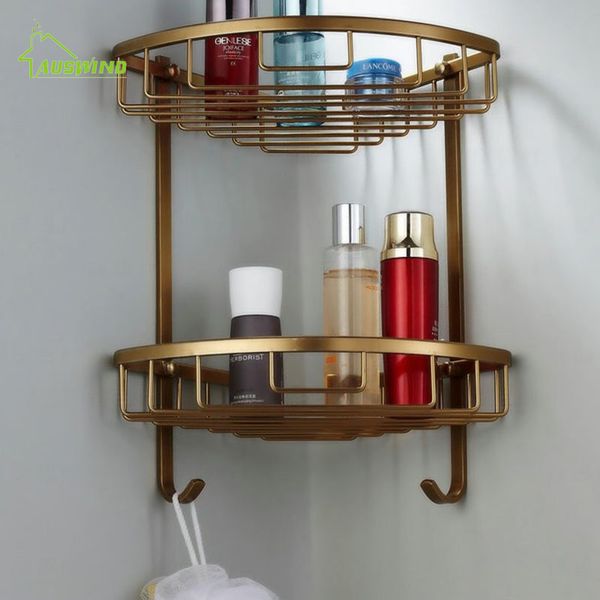 

space aluminum bathroom shelf antique brass double layer corner shelf basket bathroom corner rack