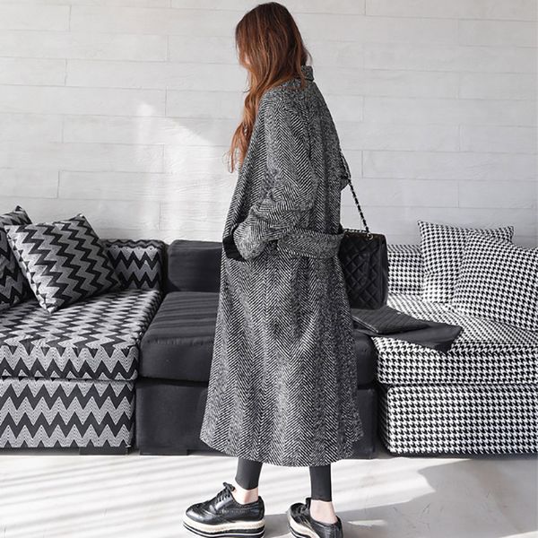 

trend-settler 2018 spring fashion casual striped wool coat women long ladies black double breasted coat for women