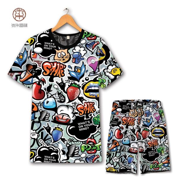 

творческий 3d письма граффити печать мода хип-хоп футболка и шорты костюм лето 2018 качество мягкий дышащий мужской короткий комплект, Gray