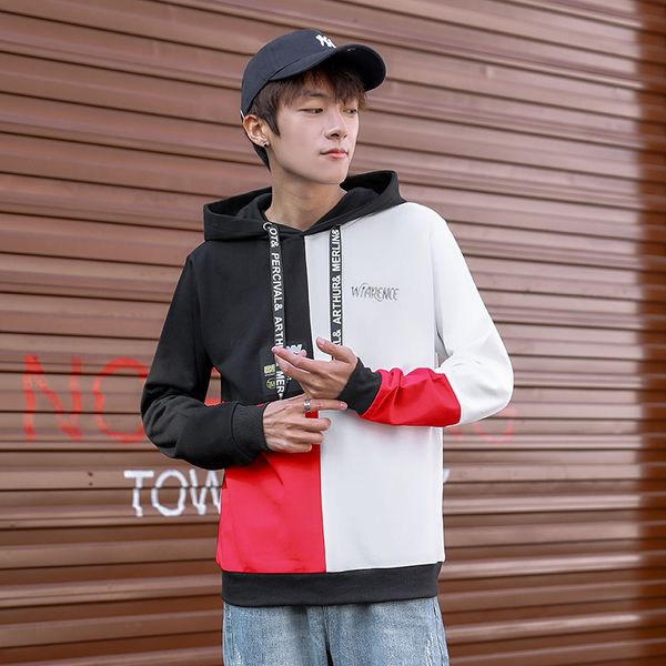 

мужская дизайнерская толстовка осень мужская мода свитер с капюшоном контрастный цвет мужской пуловер топ мода свободные повседневные лоскут, Black