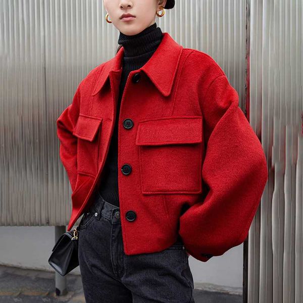 

loose fit red pocket split big size woolen coat parkas new long sleeve women fashion tide utumn winter 2020 19-a768, Black