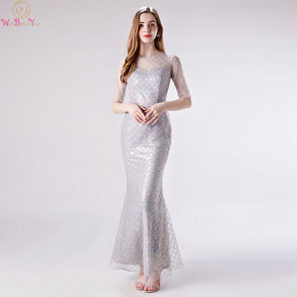 

gray half sleeves mermaid prom dresses o neck sequined floor length long illusion evening gowns balo elbiseleri walk beside you, White;black