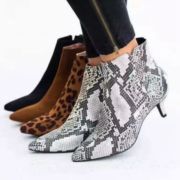 

autumn winter snake pattern short tube women's boots outdoor high-heeled women wild fashion work boots pointed, Black