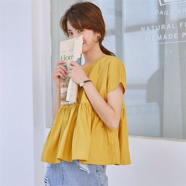 

2020 summer women simply bow tied shirts chic short sleeves ruffles blusas solid cotton linen plus size -6xl 7xl, White