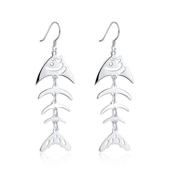 

plated sterling silver fish bone earrings djse676 size 5.8x1.7cm;women's 925 silver plate dangle chandelier jewelry earring