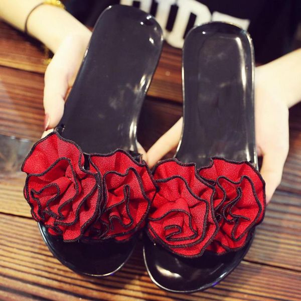 

summer ladies slippers pink flower slides brand flip flop slide in sandals woman red open toe designer flip flops women shoes, Black