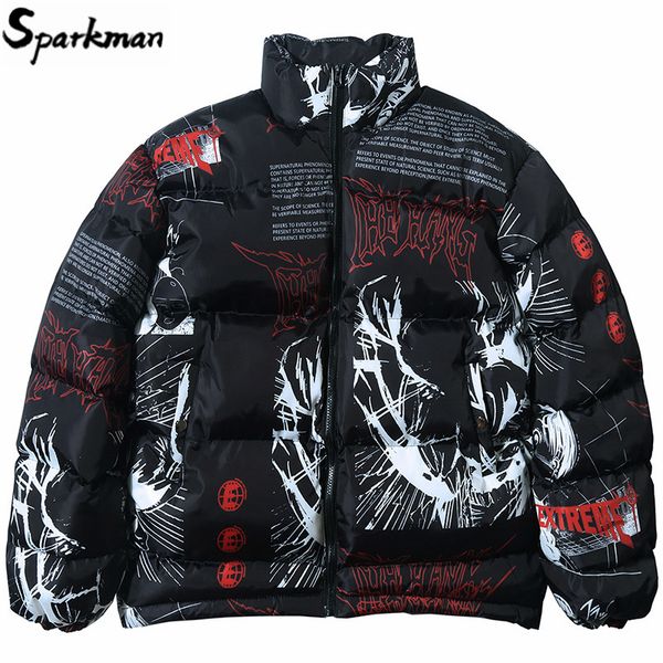 

2019 hip hop jacket parka japanese cartoon graffiti streetwear men windbreaker harajuku winter padded jacket coat warm outwear, Black