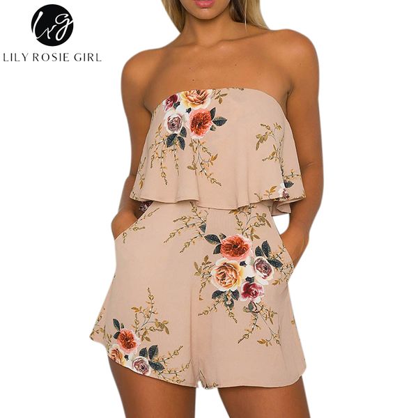 

lily rosie girl off shoulder khaki floral print playsuits women summer beach short rompers jumpsuits boho overalls, Black;white