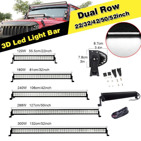 

22 32 42 52 inch 3d 120w 180w 240w 300w led light bar spot flood combo for work driving boat car truck 4x4 suv atv offroad lamp