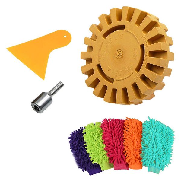 

4 pack car decal remover kit set, including chenille glove/scraper/ 4 inch rubber eraser wheel/drill adapter kit