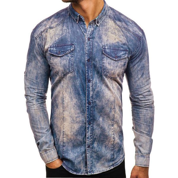 

men denim thin shirt long sleeve soft two pockets slim slight elastic jeans cowboy contrast color button down camisa, White;black