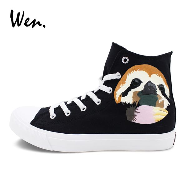 

wen animal sloth hand painted canvas shoes sneakers high vulcanize shoes boy girl cosplay shoes plimsolls espadrilles flats, Black