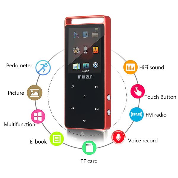 

ruizu d01 4gb/8gb bluetooth mp3 player touch button mp3 recorder hifi player fm e-book clock video pedometer usb bt music player
