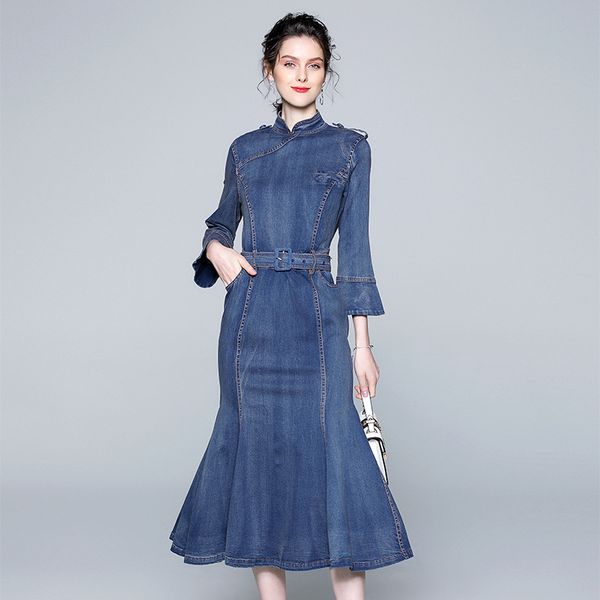 

2019 в начале осени новый стиль улучшенная cheongsam slim fit оболочки fishtail юбка воротник стойка bell рукава компьютер тросиком женщины, White;black