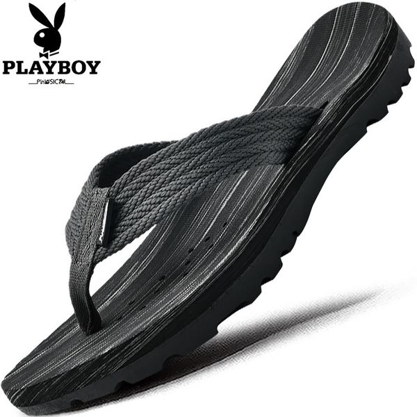 

playboy flip-flops summer flip-flops men's summer wear-resistant outer wear beach outdoor slippers fashion anti-slip soft-sole, Black