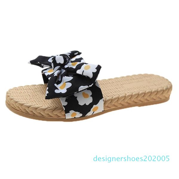 

summer butterfly-knot woven flat slippers woman shoes bohemian round head non-slip beach slipper for woman zapatos de mujer d05, Black
